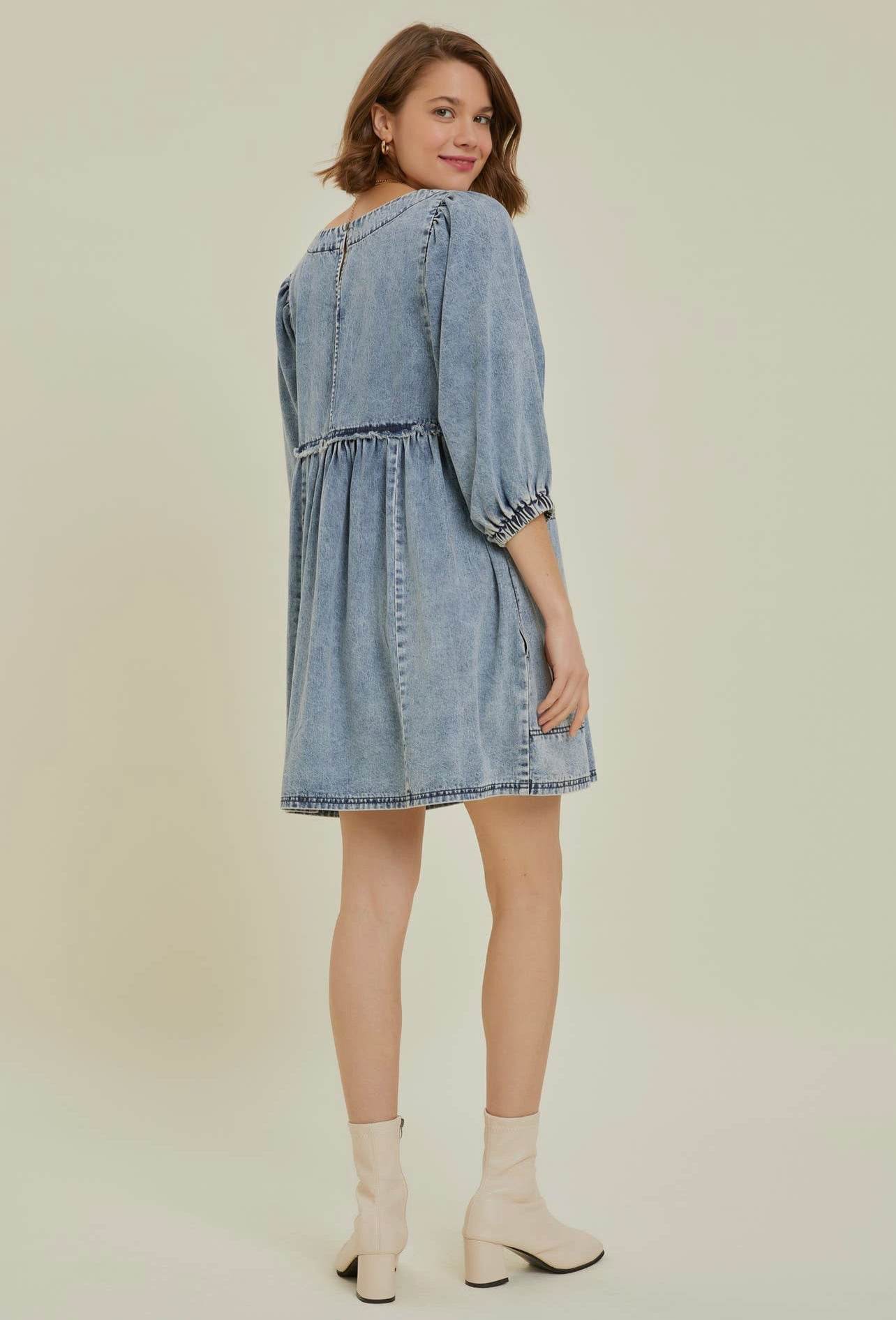 Cutout Round Neck Balloon Sleeve Denim Dress - Hovatok