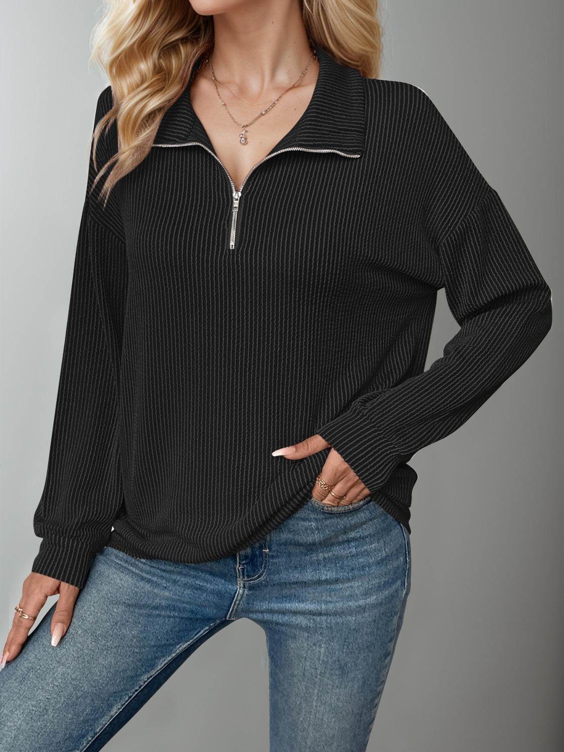 Double Take Striped Half Zip Long Sleeve T-Shirt - Hovatok