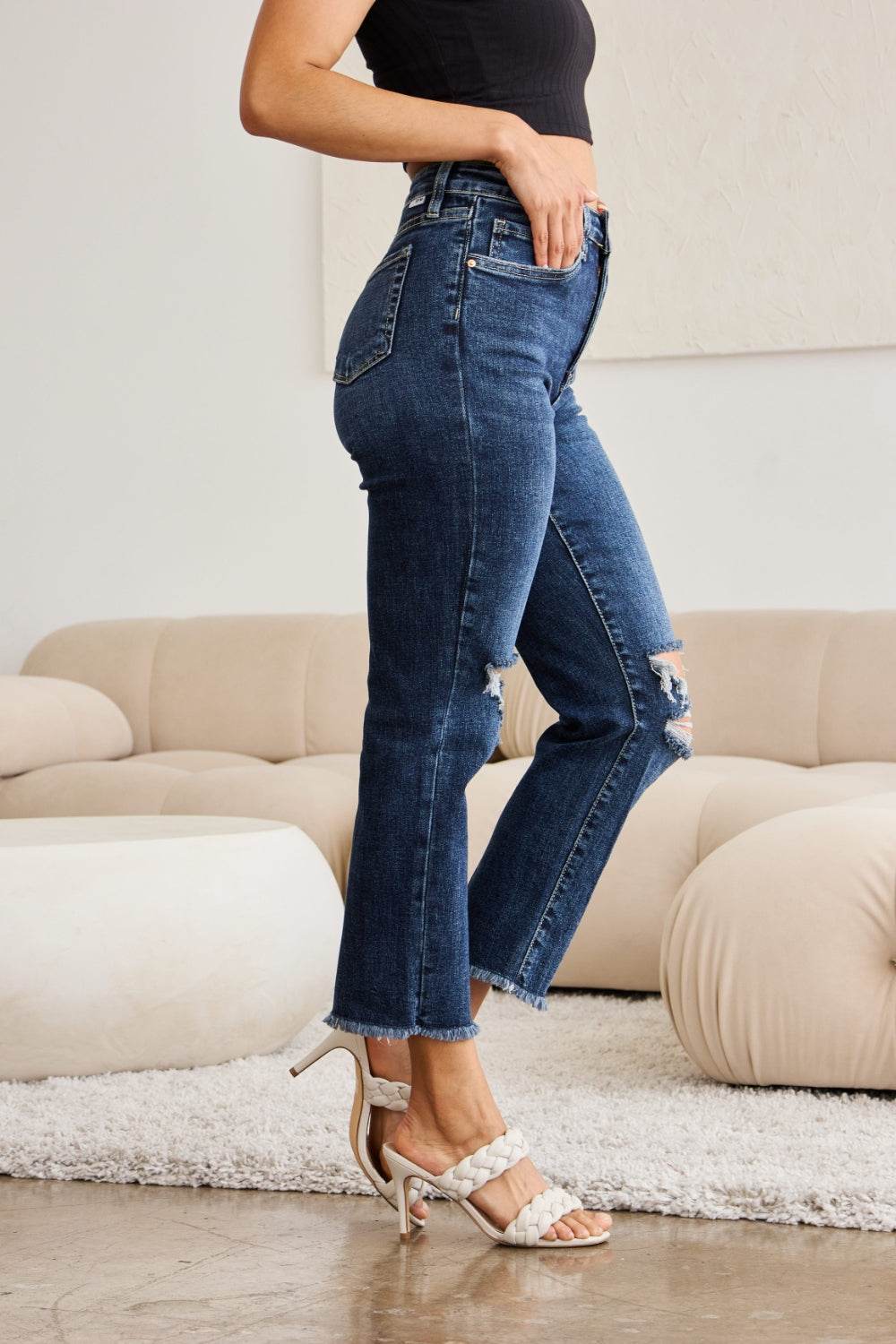RFM Crop Dylan Full Size Tummy Control Distressed High Waist Raw Hem Jeans - Hovatok
