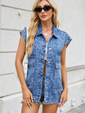 Leopard Button Up Cap Sleeve Denim Jacket - Hovatok