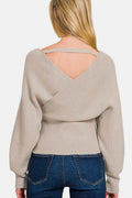 Zenana Cross Wrap Rib Long Sleeve Sweater - Hovatok
