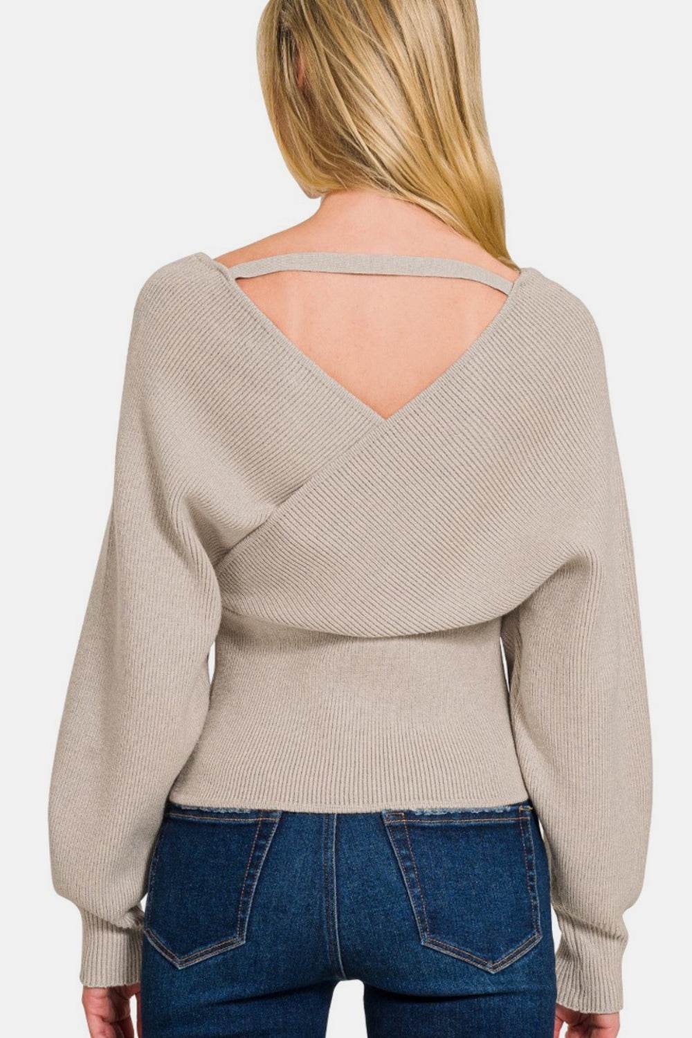 Zenana Cross Wrap Rib Long Sleeve Sweater - Hovatok