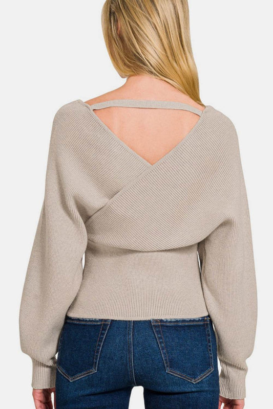 Zenana Cross Wrap Rib Long Sleeve Sweater - Hovatok