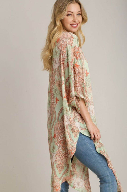 Umgee Full Size Mixed Print Open Front Kimono with Ruffle Sleeves Plus Size - Hovatok