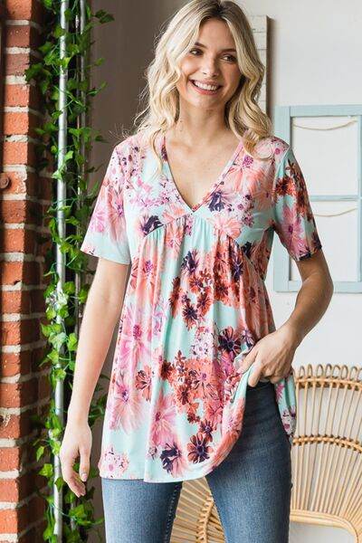 Heimish Full Size Floral V-Neck Short Sleeve Babydoll Blouse - Hovatok