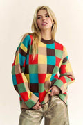 Davi & Dani Color Block Checkered Dropped Shoulder Sweater - Hovatok