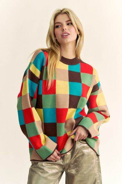 Davi & Dani Color Block Checkered Dropped Shoulder Sweater - Hovatok