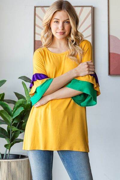 Heimish Full Size Round Neck Color Block Ruffled Half Sleeve Top Plus Size - Hovatok