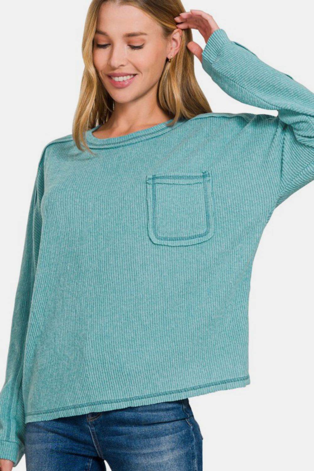 Zenana Full Size Contrast Stitching Brushed Ribbed Hacci Knit Top Plu Size - Hovatok