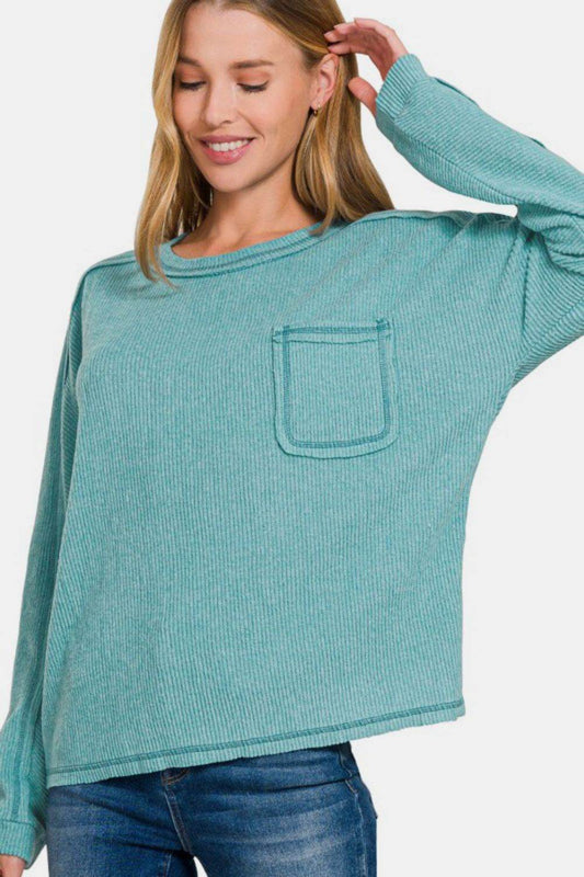 Zenana Full Size Contrast Stitching Brushed Ribbed Hacci Knit Top Plu Size - Hovatok