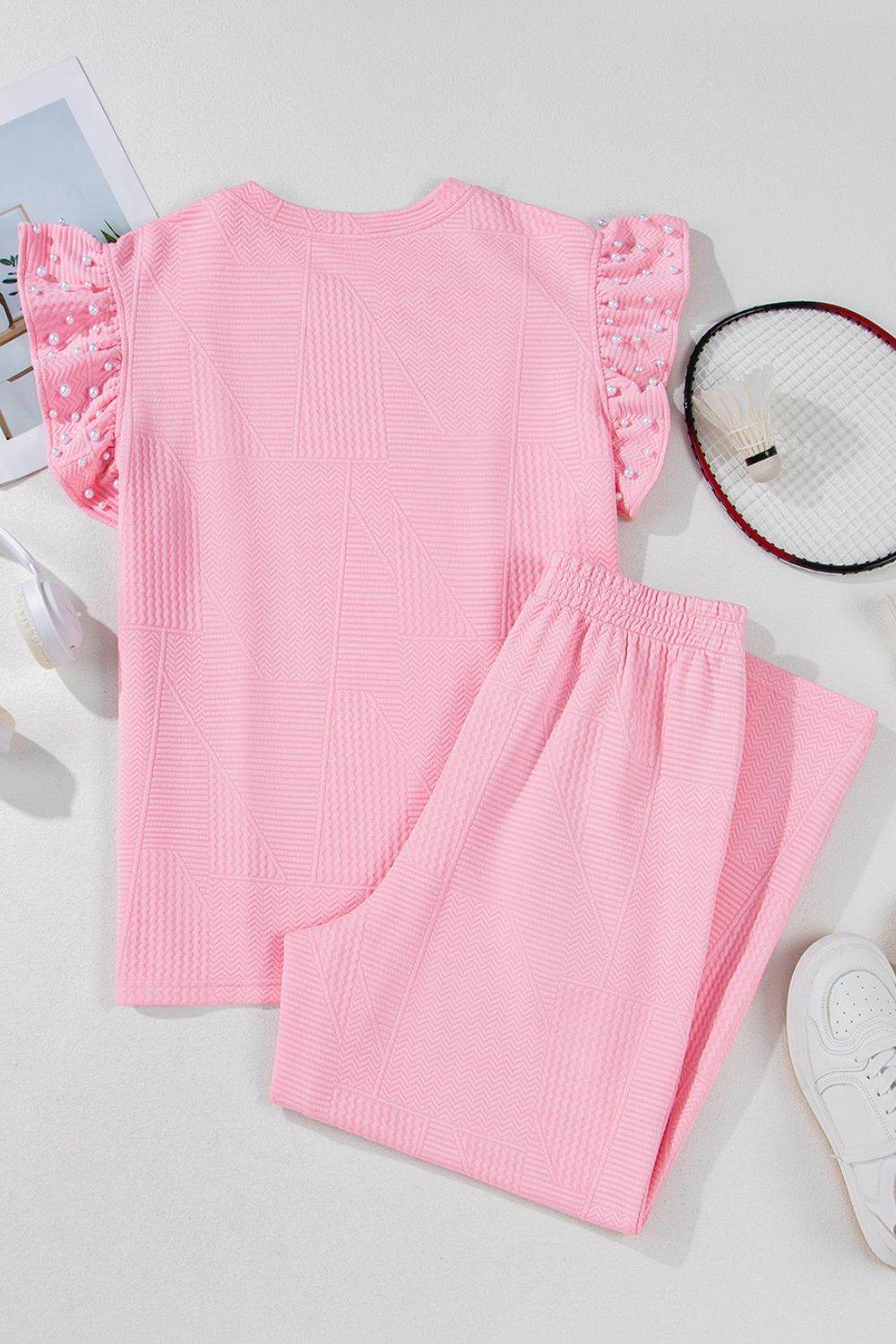 Textured Pearled Ruffled Sleeve Top and Wide Leg Pants Set - Hovatok
