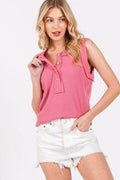 Ces Femme Stitch Detail Half Button Ribbed Tank - Hovatok
