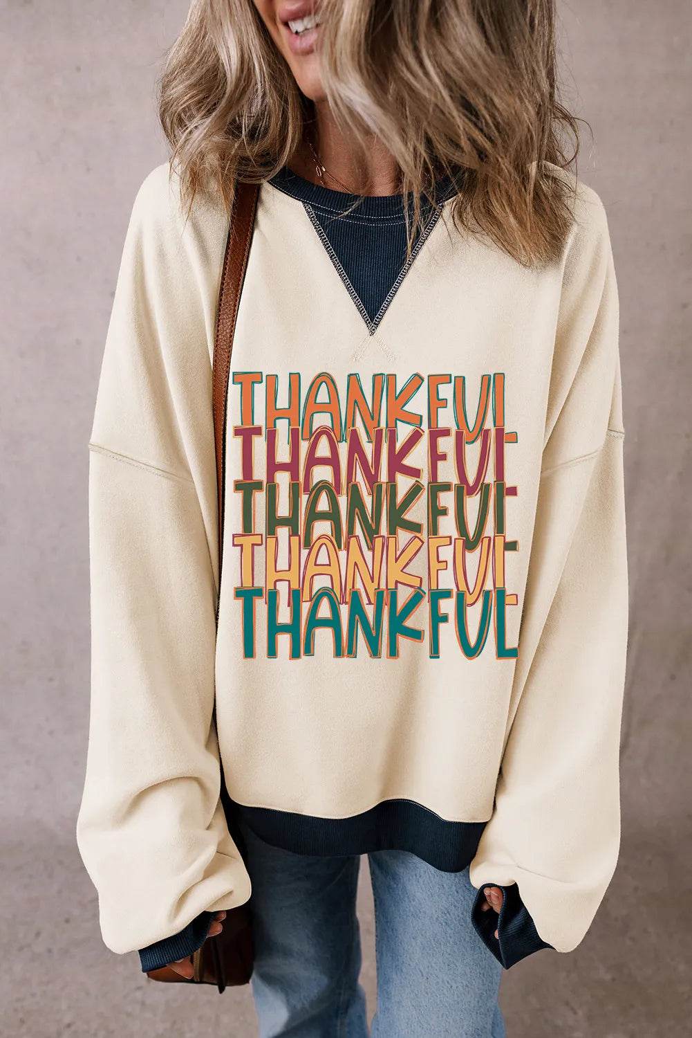 THANKFUL Round Neck Long Sleeve Sweatshirt - Hovatok