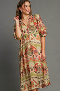 Umgee Full Size Tiered Border Print Midi Dress Plus Size - Hovatok