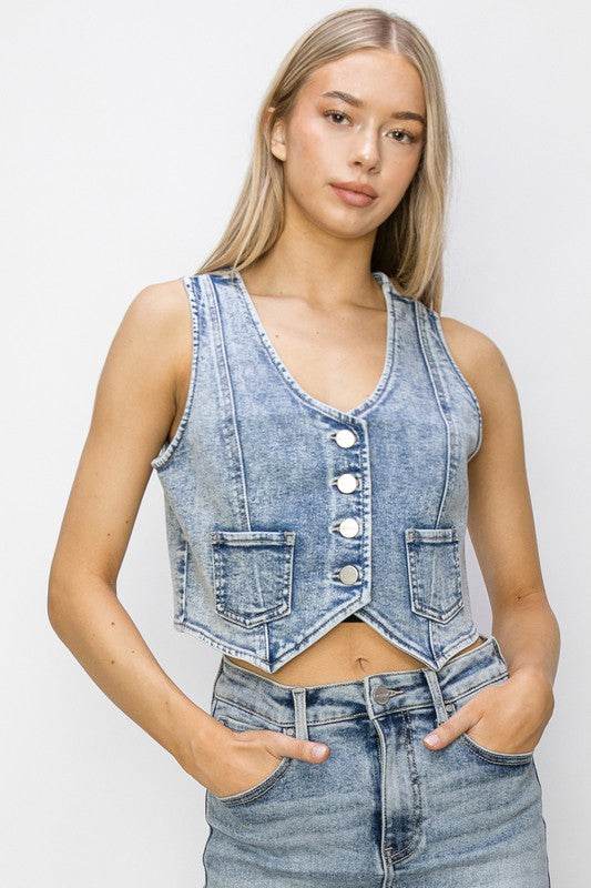 RISEN Button Down Crop Denim Vest - Hovatok