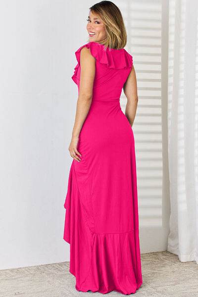 Ruffled V-Neck High-Low Dress - Hovatok