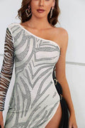 Zebra Print Rhinestone Slit Single Shoulder Dress - Hovatok
