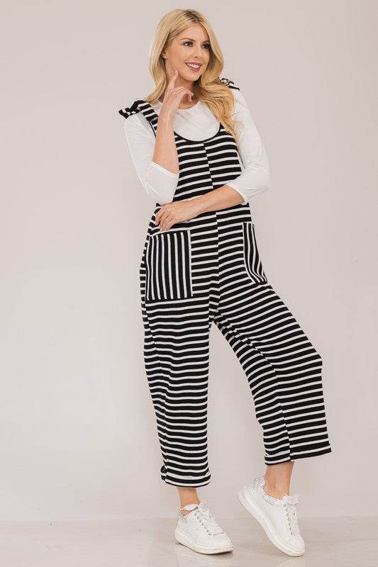 Celeste Full Size Striped Scoop Neck Overalls with Pockets - Hovatok