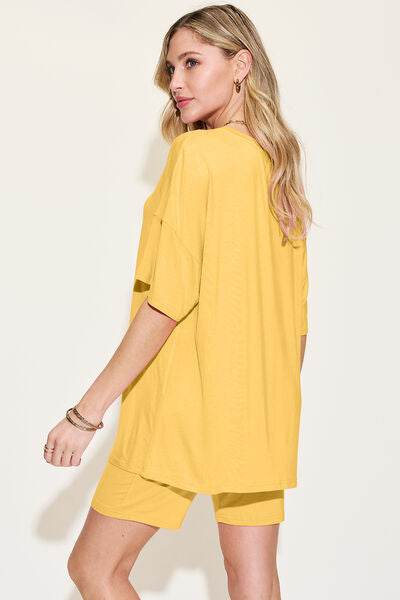 Basic Bae Bamboo Full Size V-Neck Drop Shoulder T-Shirt and Shorts Set - Hovatok