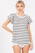 Ces Femme Ruffled Striped Round Neck Short Sleeve Blouse - Hovatok