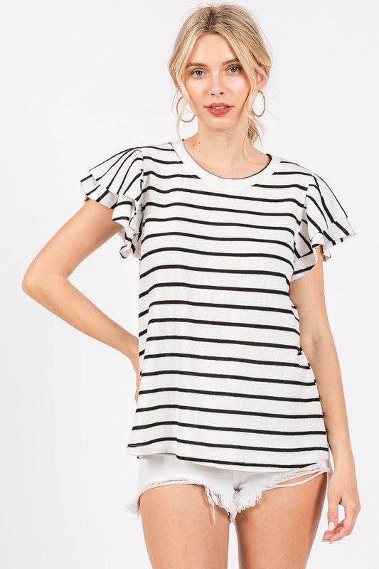 Ces Femme Ruffled Striped Round Neck Short Sleeve Blouse - Hovatok