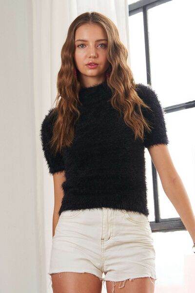 ADORA Fuzzy Mock Neck Short Sleeve Sweater - Hovatok
