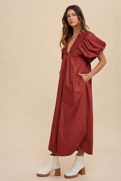 Annie Wear Smocked Puff Sleeve Midi Dress - Hovatok