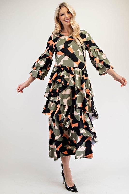 Celeste Full Size Printed Asymmetrical Ruffle Midi Dress Plus Size - Hovatok