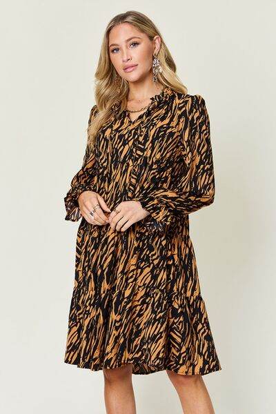 Double Take Full Size Printed Ruffle Hem Long Sleeve Dress - Hovatok