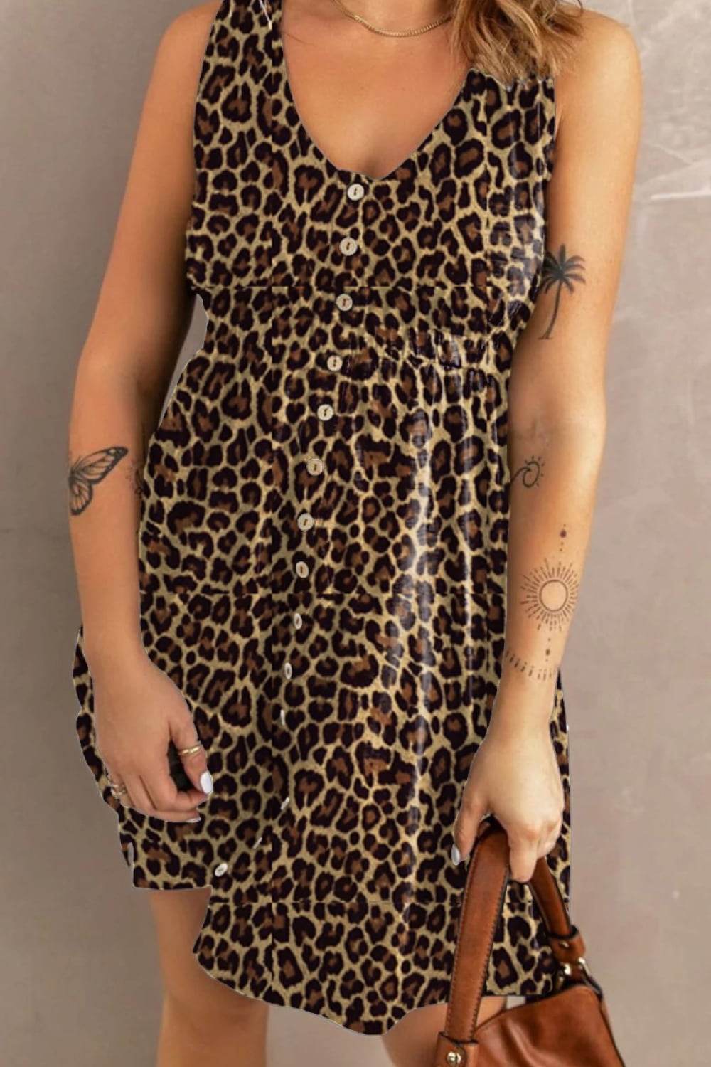 Double Take Printed Scoop Neck Sleeveless Buttoned Magic Dress with Pockets - Hovatok