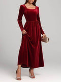 Velvet Square Neck Long Sleeve Dress - Hovatok