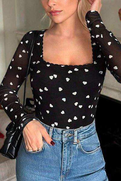 Heart Square Neck Long Sleeve Bodysuit - Hovatok