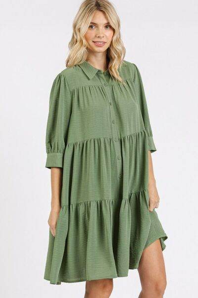 Mittoshop Button Detail Collared Neck Tiered Shirt Dress - Hovatok