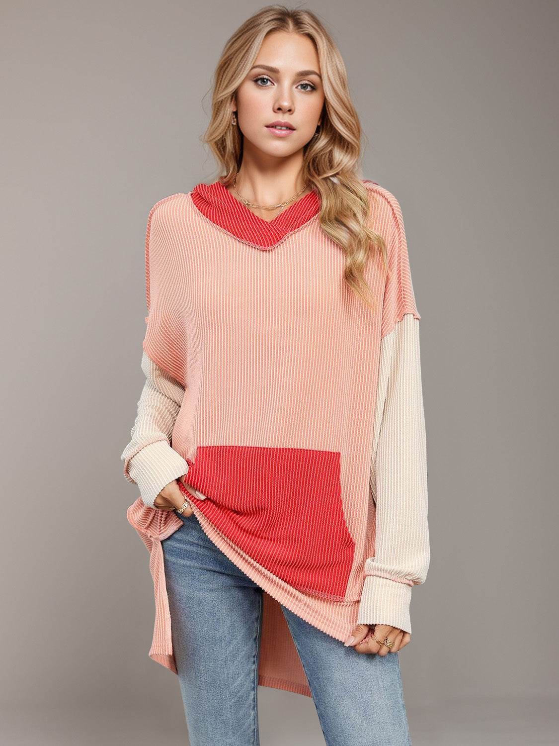 Double Take Contrast Hooded Long Sleeve Top - Hovatok