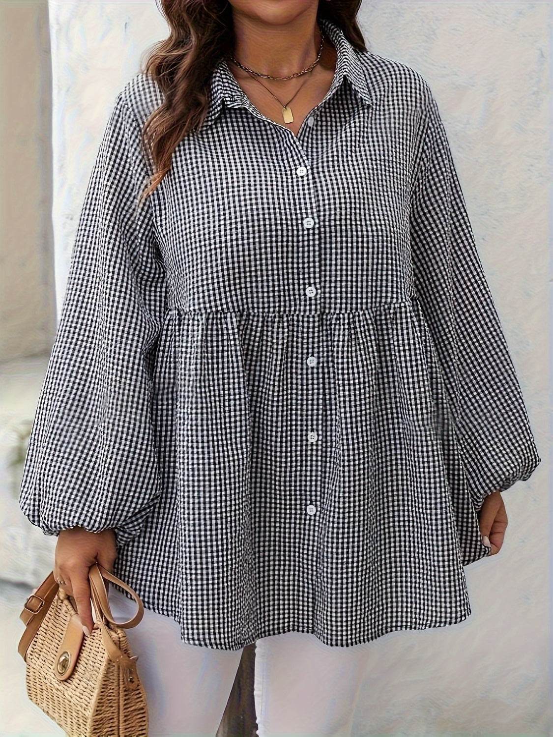 Plus Size Plaid Collared Neck Long Sleeve Shirt - Hovatok