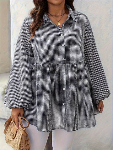 Plus Size Plaid Collared Neck Long Sleeve Shirt - Hovatok