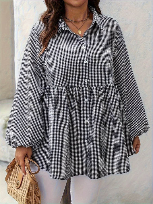 Plus Size Plaid Collared Neck Long Sleeve Shirt - Hovatok