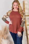 Hailey & Co Full Size Leopard Waffle-Knit Blouse - Hovatok