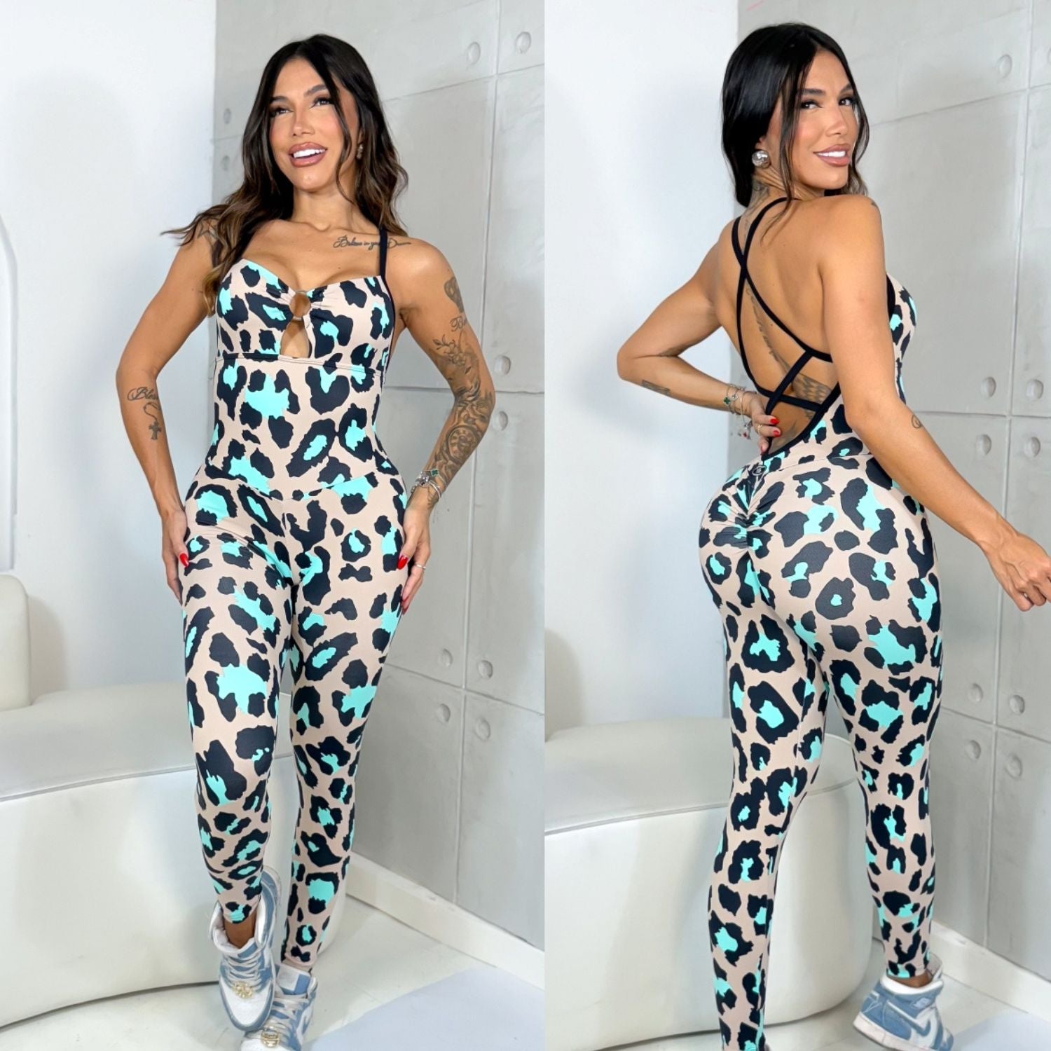BEIJE AND GREEN LEOPARD JUMPSUIT