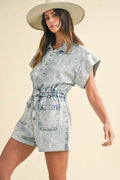 Annie Wear Elastic Waistband Short Sleeve Denim Romper - Hovatok