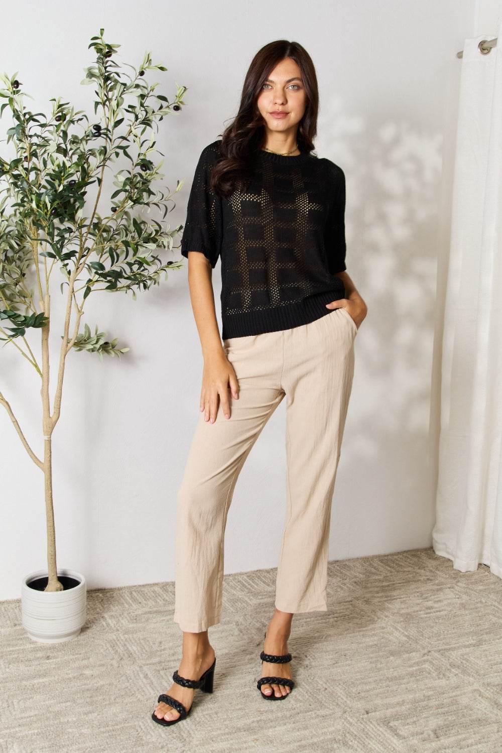 Mandy Ribbed Trim Round Neck Knit Top - Hovatok