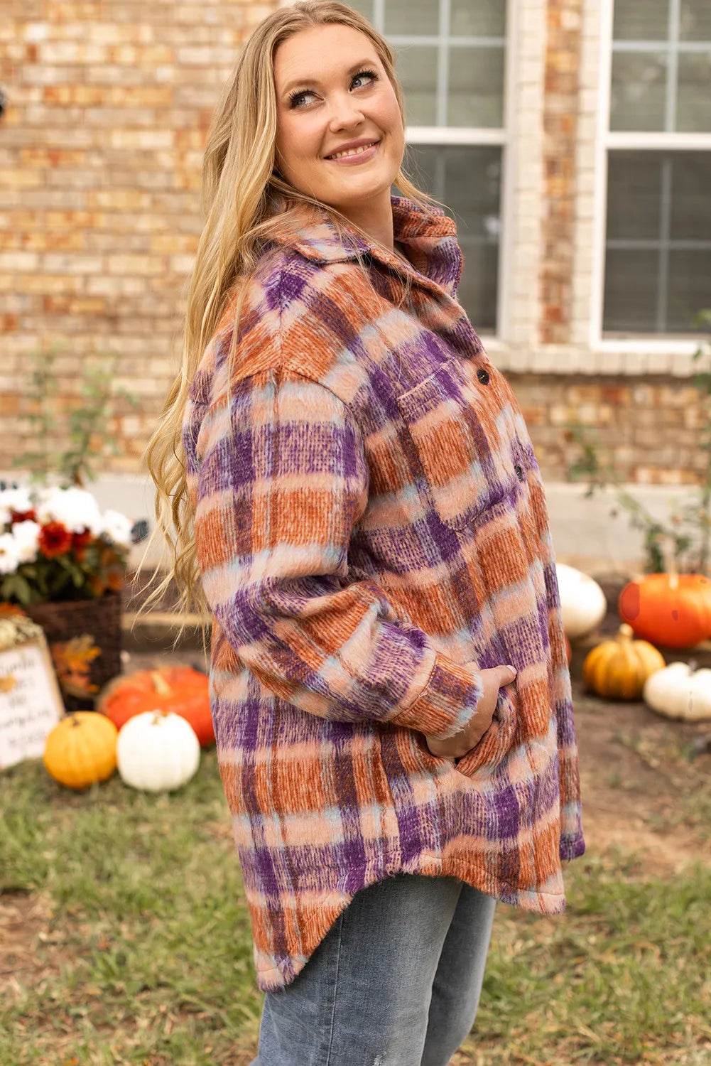 Plus Size Plaid Collared Neck Long Sleeve Jacket - Hovatok