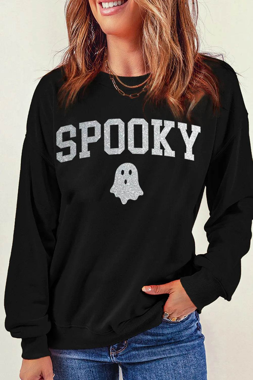 SPOOKY Round Neck Long Sleeve Sweatshirt - Hovatok