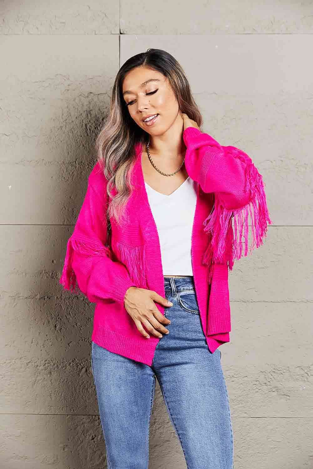 Angel Wings Fringe Trim Open Front Cardigan - Hovatok