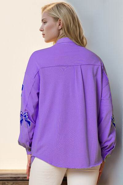 Double Take Full Size Sequin Bow Button Up Shacket - Hovatok