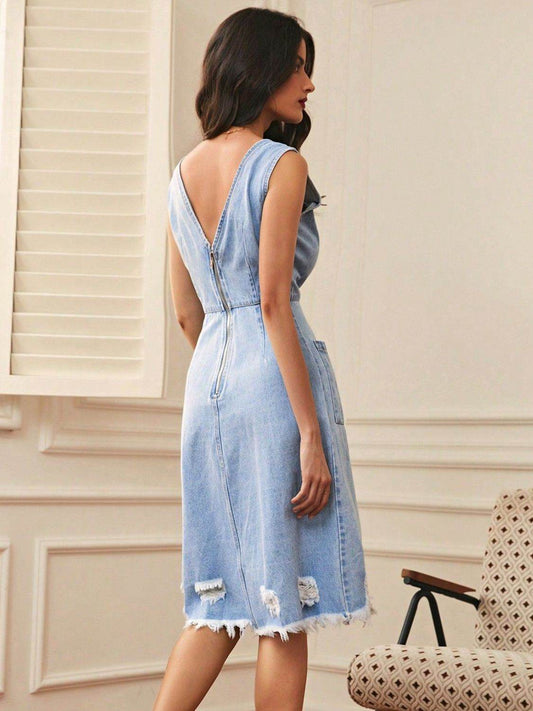 Distressed Raw Hem V-Neck Sleeveless Denim Dress - Hovatok