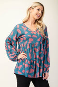 Celeste Full Size Tiered Floral V-Neck Long Sleeve Blouse - Hovatok