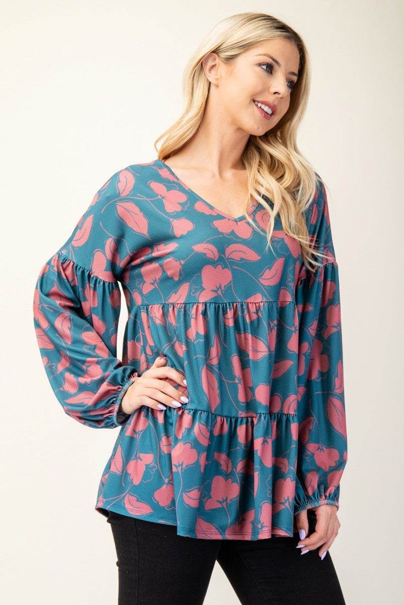Celeste Full Size Tiered Floral V-Neck Long Sleeve Blouse - Hovatok