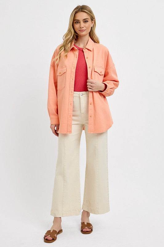RISEN Full Size Button Down Long Sleeve Denim Shacket with Chest Pockets Plus Size - Hovatok