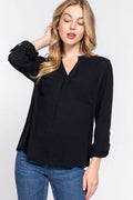 ACTIVE BASIC Full Size Notched Long Sleeve Woven Top - Hovatok